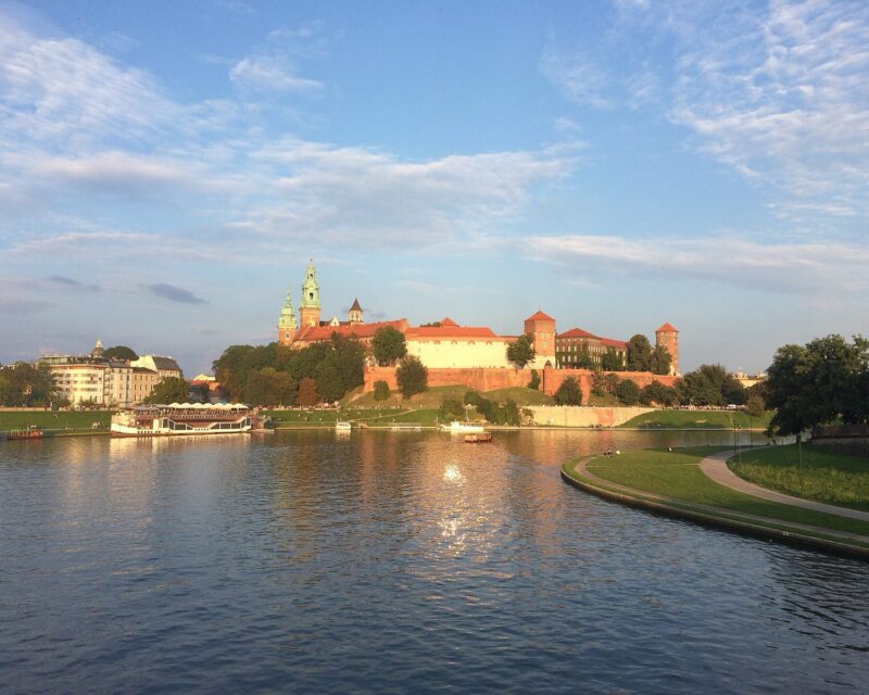 Wawel Royal Castle above the Vistula at sunset